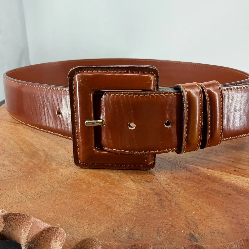 Vintage Ann Taylor Belt Italian Leather Brown, Size Small S square buckle - Picture 2 of 9